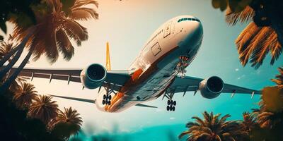 The passenger aircraft is flying above the tropical palm trees with . photo