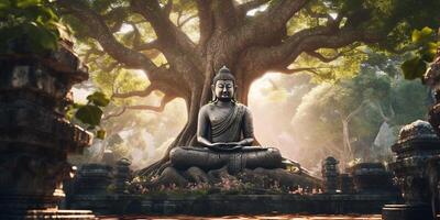 The ancient buddha statue in the forest with . photo