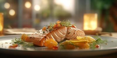 The close up view of grilled salmon fillet with . photo