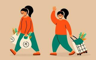 mujer hace compras comprador con el plastico o textil pantalones en su manos. mujer con un compras carretilla bolsa. vector