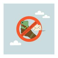 Digital detox. Prohibition to use a mobile phone. Hand holding a smartphone in a crossed out circle. No phone. vector