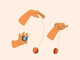 Yo-yo toy. Set of hands in various poses playing yo-yo. Vector isolated elements.