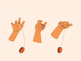 Yo-yo toy. Set of hands in various poses playing yo-yo. Vector isolated elements.