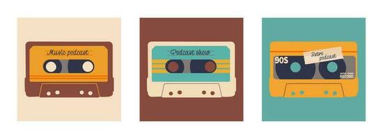 Set of covers for podcast show. Retro style and colors. Audio cassette with place for text. Vector EPS 10.