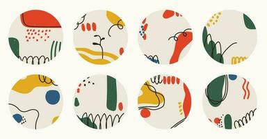 Set of vector abstract round backgrounds. Social media story covers. Modern trendy illustrations in doodle style. Multicolor hand drawn spots and lines.