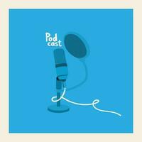 Blue studio microphone on a blue background. Vector cover for podcast show. Illustration and lettering.