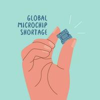 Global microchip shortage. Human hand holds computer chip. Concept of global shortage of microchips for electronics and cars. Vector flat illustration.