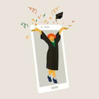 A graduate girl in a mantle tosses a hat up against the background of the contour of a smartphone or tablet. Isolated vector illustration of graduation virtual 2021 year.