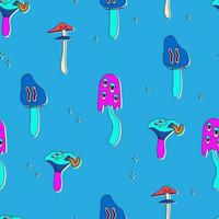 Seamless pattern of classic psychedelic cartoon mushrooms with faces, eyes, tongues and cheeks. Cute vector neon multicolor repeating print on blue background.