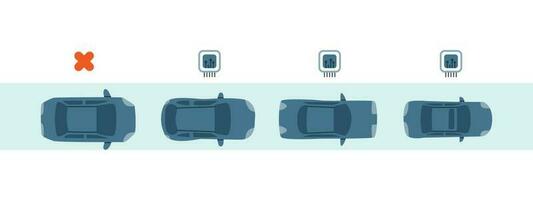 Concept of microchip shortage for car manufacturing. Microcircuits, electric circuit scheme, processor with microcircuits CPU. Automotive Crisis 2022. vector