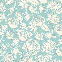 Vector floral pattern. White stylized decorative peonies are randomly repeated on a blue background. Trendy design.