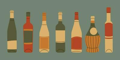 Set of wine bottles of different shapes and types. Vintage colors, vector illustration.