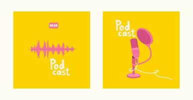 Podcast covers. Stand-type studio microphone with pop filter and cord. Pink soundtrack on a yellow background. Hand drawing illustration for blogging. EPS 10 vector