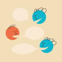 Dialogue template. People talk, argue. The man says something, his interlocutor jokes and answers, speech bubbles above them. Question and answer. Colorful round vector illustration.