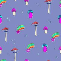 Seamless pattern of classic psychedelic cartoon mushrooms with faces, eyes, tongues and cheeks. Cute vector neon multicolor repeating print on purple background.