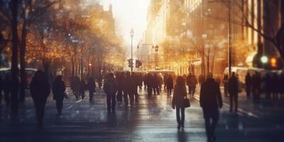 The crowd of people are walking in the street with . photo