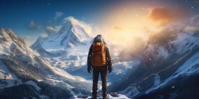 The closeup view of a man with backpack who stand in front of high mountain with . photo