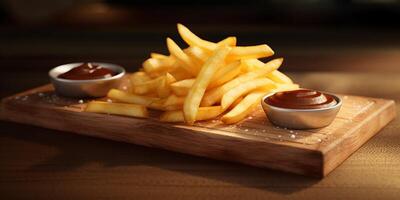 French fries on the wood plate with . photo