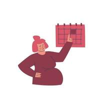 un embarazada mujer puntos a un fecha en el calendario. problemas asociado con esperando un bebé. triste y pensativo joven mujer. vector dibujos animados ilustración de púrpura, amarillo, rosado colores.