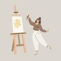 The girl paints a picture. Hobbies and pastime at home. Vector flat illustration of trending character. Isolated on a white background.