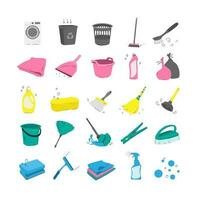 Multicolor illustration concept of cleaning products. Vector isolated icons. Washing, ironing, cleaning.