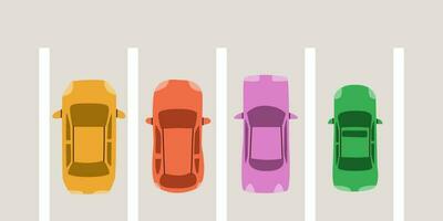 Car parking top view. Multicolored cute vehicle. Vector elements for design.