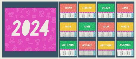 Calendar for 2024 in Spanish. The week starts on Monday. Cover of each month with floral flat background. vector