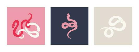 Set of graphic elements of cute twisted colorful snakes. Multi-colored serpents on contrasting backgrounds. Vector isolated illustration for design.