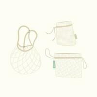 reutilizable malla bolso para frutas y vegetales. Respetuoso del medio ambiente compras bolsa. No el plastico y cero residuos concepto. ilustración en blanco antecedentes. vector