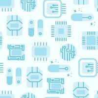 Microcircuits, electrical circuit, processor with central processor microcircuits. Vector seamless pattern. Circuit technology background with high tech digital data connection system.