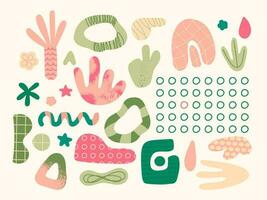 Set of abstract elements of various shapes and doodles. Vector trendy hand drawing objects for design. Pink, green, pastel colors.