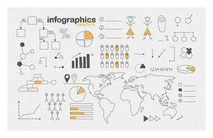 Demographic infographics and social statistics. Doodle style icons set. Hand drawn world map, percentages, graphs, charts, etc. vector