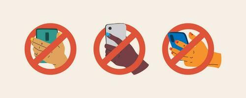 Prohibition to use a mobile phone. Hand holding a smartphone in a crossed out circle. No phone. Digital detox. vector