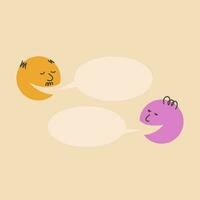 Dialogue template. People talk, argue. An elderly man with a bald head and a mustache asks and his interlocutor will answer, speech bubbles. Colorful round vector illustration.