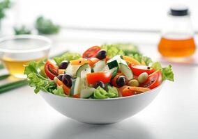 A glass bowl of salad with AI generated. photo