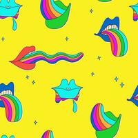 Psychedelic lips with rainbow tongue. Classic cartoon vector multicolored neon illustration. Vector seamless pattern for hippie design.