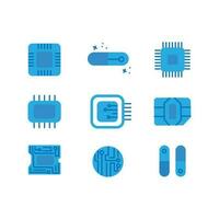 Big set of flat microchip, computer chip, microcircuit element. Vector blue icons.