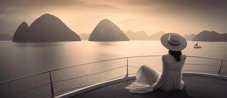 A woman is in front of luxurious boat with . photo