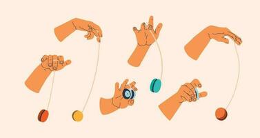 Yo-yo toy. Big set of hands in various poses playing yo-yo. Vector isolated elements.