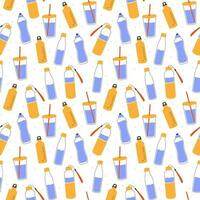 Vector seamless pattern. Reusable water bottles and glasses. Recyclable sports and eco-friendly containers. Repeating elements for print.