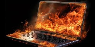 ordenador portátil ardiente en llamas en un oscuro antecedentes con ai generado. foto