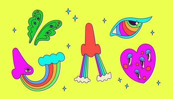 Set of classic psychedelic cartoon elements - nose, rainbow, heart, eyes. Cute vector neon multicolored illustrations for design. Hallucinatory elements, funny and colorful stickers.