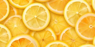 Lemon and lemon slices with leaves on yellow background, top view with . photo