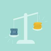 On the scales there is a microchip and coins. The cost of electronic microcircuits is increasing due to the global shortage of microchips. vector