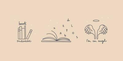 Set of minimalistic design tattoos. A stack of books, an open book with scattered letters, angel wings and a halo. Handwritten lettering. Cute illustration for design. Vector line art.