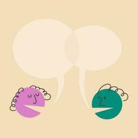 Dialogue template. People talk, argue. Two women are discussing something, gossiping, speech bubbles above them. Colorful round vector illustration.