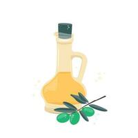 Vector illustration. Olive oil in a jug and a sprig of olive. Flat isolated icon.