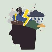 Mental health concept. Abstract image of head with bad weather inside. Thunder, clouds and lightning as a symbol of depression, anger, poor morale. Vector hand drawing illustration.