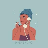 Portrait of beautiful young woman. Girl smokes and talks on the phone. Fashion hand drawing vector illustration. Retro style.