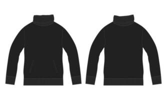 ong sleeve sweatshirt with stand up collar technical drawing fashion flat sketch vector illustration black Color template front and back views